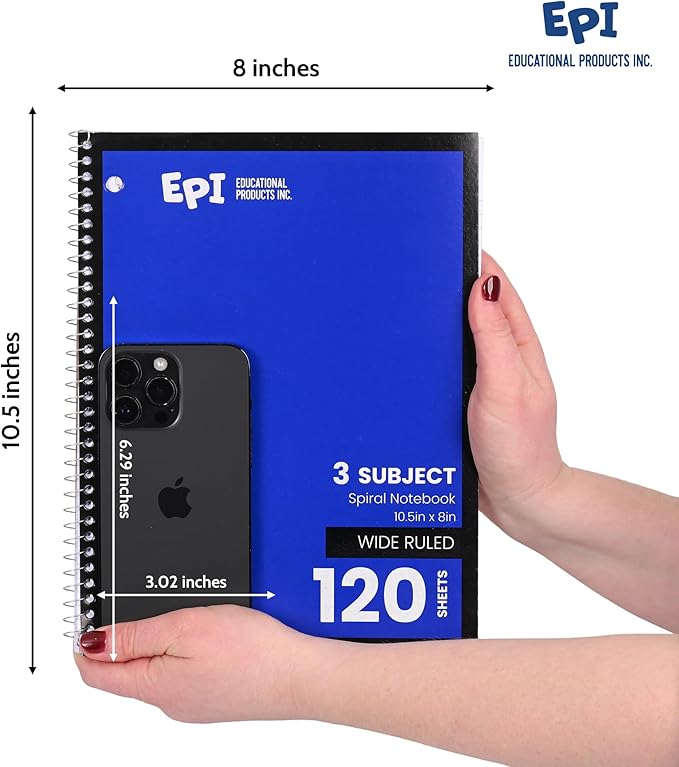 EPI Spiral Notebook | 3 Subject - Wide Ruled - 120 Sheets, Durable Spiral Binding | 10.5 x 8 in | Classroom Supplies | School, Office, Note Taking, Journaling - 24 Pack