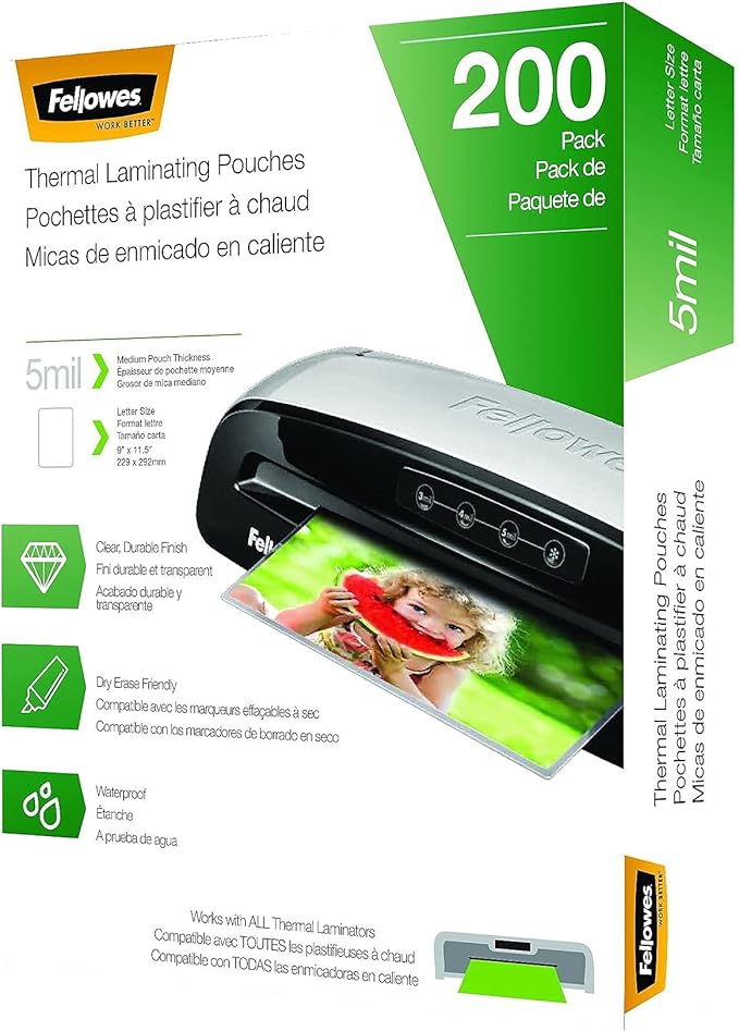 Fellowes Thermal Laminating Pouches, Letter Size Sheets, 5mil 200pk, Clear (5743601)