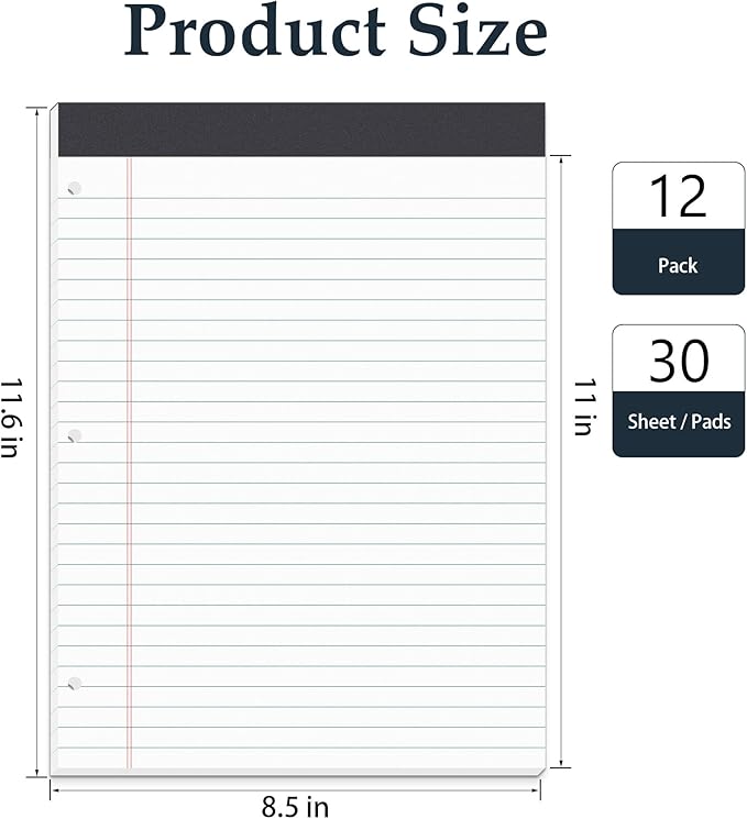 HAUTOCO 12 Pack 8.5 x 11 Legal Pads White Wide Ruled Notepads Perforated Writing Pads, 30 Sheets Per Notepad, 3-Hole Punched Paper, Writing Note Pads for School, Home, Office, Business