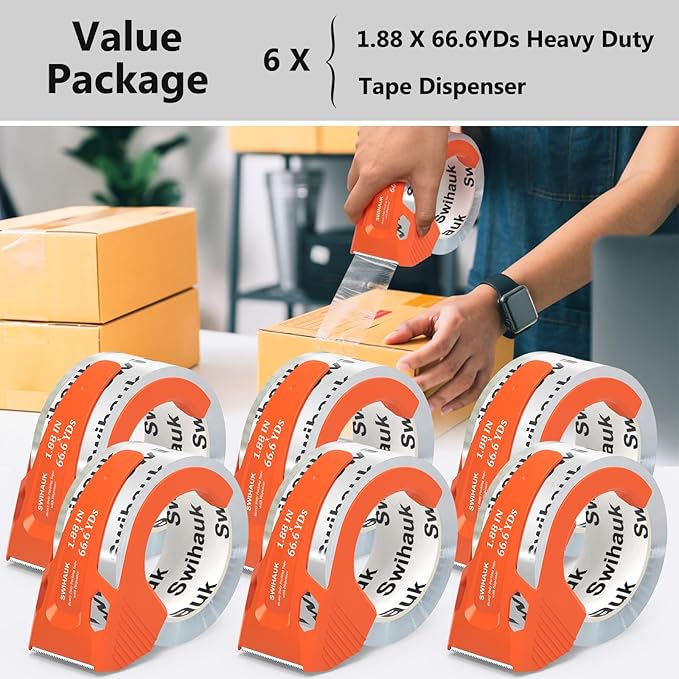 Swihauk Total 400 yd, 6 Pack 1.88 in x 66.6 yd - Heavy Duty Packing Tape with Dispenser Combo, Clear Shipping Tape, Packaging Tape, Package Tape for Shipping Moving Storage and Mailing, w30200