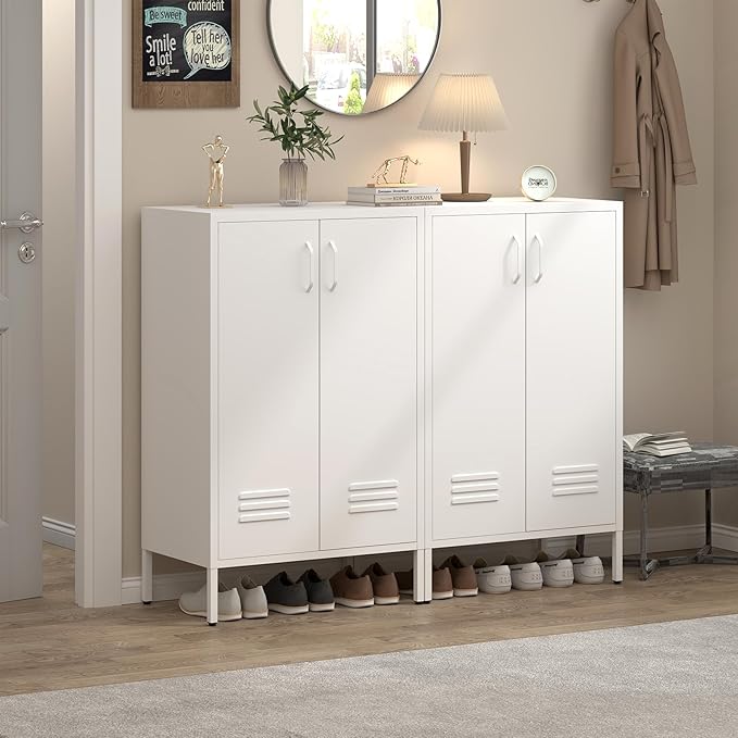 Metal Cabinet Storage,Metal Shoe Cabinet with Shelves,2 Door Storage Cabinet for Living Room,Entryway,White