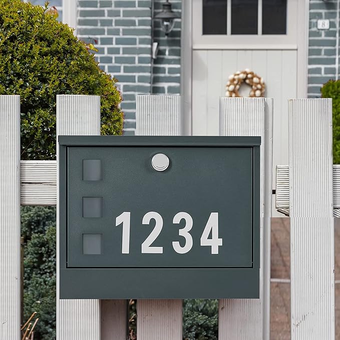 LAND·VOI Locking Mailbox Wall Mounted, Metal Postbox with Three Sets of Mail Box Number Stickers, 4 Keys, 14.4" x 4.5" x 11.2", Large Capacity, Anthracite Gray AMB11G
