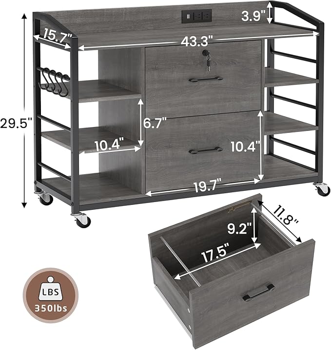 SEDETA 44" File Cabinet, Filing Cabinet fits Legal/Letter Size, 2 Drawer File Cabinets for Home Office with Lock, Power Strip, 6 Storage Shelves, Grey