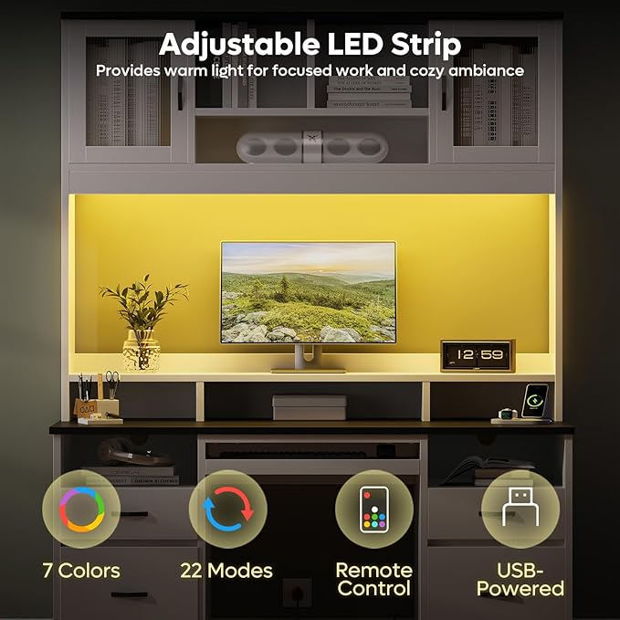 Bestier 77.8" H Executive Desk with Hutch, Modern Wood Computer Desk with Drawers, Charging Station, LED Light, Fluted Storage Cabinet, Keyboard Tray, 59" W Office Desk for Home Office, White