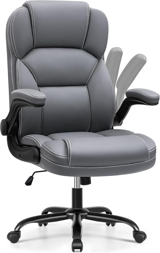 PU Leather Executive Office Chair, Ergonomic High-Back Computer & Gaming Chair with Adjustable Height, Rolling Swivel & Flip-Up Armrests, Comfy Padded Seat for Home Office-Gray