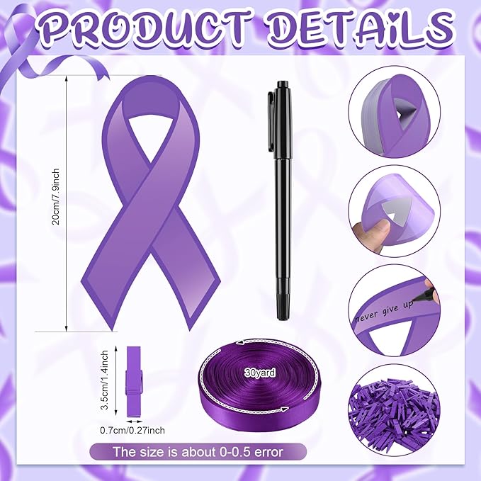 Kosiz 100 Pack Large Purple Ribbon Set 100 Alzheimer's Awareness Cutouts 2 Marker Pens 100 Wooden Clips with Rope Domestic Violence Awareness Items for Purple Recovery Month Charity Supplies
