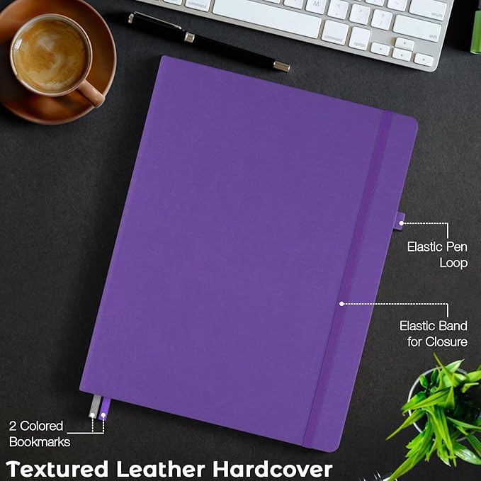 Lined Journal Notebook, 8.5" x 11" Hardcover Leather Notebook for Work, Wide Ruled Notebook Journal for Women Men, 192 Thick Paper, Lay Flat, 2 Pockets, Large Journals for Writing, Purple Notebook