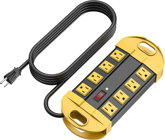 CCCEI Heavy Duty Power Strip Surge Protector, Metal 8 Outlets Power Strip for Appliance. Garage Shop Industrial Workbench 15 AMP Outlets Strip. 15FT Extension Cord, Yellow