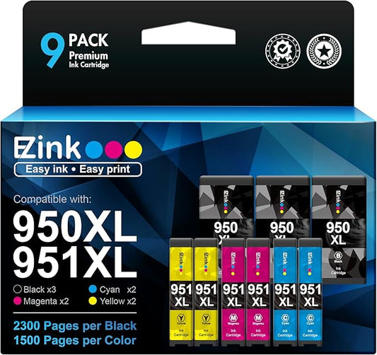 E-Z Ink Compatible Ink Cartridge Replacement for HP 950XL 951XL 950 XL 951 XL for OfficeJet Pro 8610 8600 8615 8620 8625 8100 276dw 251dw (3 Black, 2 Cyan, 2 Magenta, 2 Yellow),9 Combo Pack