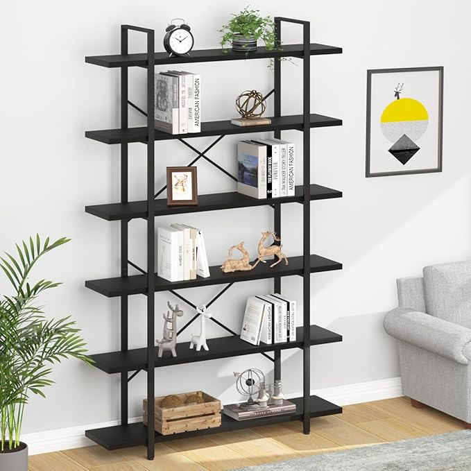 HSH 6 Tier Tall Black Bookshelf, Modern Large Storage Book Shelves & Display Book Shelf,Industrial Open Vertical Metal and Wood Black Bookcases 6 Shelf for Bedroom Living Room Office, Black Oak