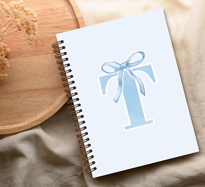 Initial T Notebook Journal,Personalized Teen Girl Gifts,Coquette Trendy Preppy Blue Bow Spiral Notebook,Monogrammed Gifts for Women Teen Girl,College Ruled Hardcover Spiral Notebook 5.5 x 8.3