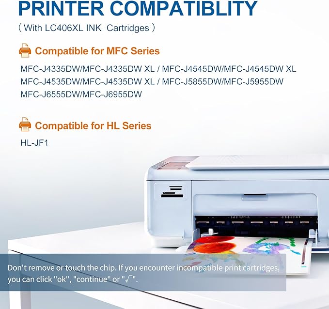 LC406XL Ink Cartridges High Yield Compatible for Brother LC406 Ink Cartridges LC406XL use with Brother MFC-J4335DW MFC-J4535DW MFC-J5855DW MFC-J6555DW Printer (Black Cyan Magenta Yellow 4 Pack)