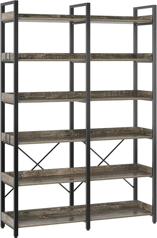 Seventable Bookshelf 6 Tier with 4 Hooks，67”Industrial Wooden Bookcase, Vintage Storage Rack with Open Shelves, Rustic Standing Bookshelves Metal Frame 43.3” Wide Display Rack, Gray
