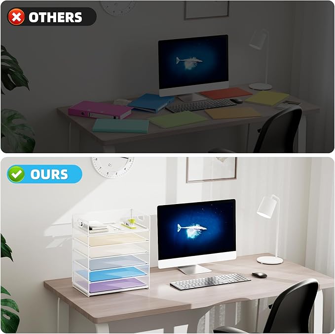 Marbrasse 6 Tier Paper Organizer Letter Tray - Mesh Desk File Organizer with Handle, Paper Sorter for Letter/A4 Office File Folder Holder - White