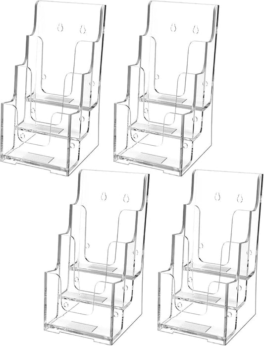 MaxGear Acrylic Brochure Holder, 4-Inch Wide 3 Tier Brochure Display Stand Clear Literature Holder Premium Acrylic Pamphlet Holder Multi Pocket, Wall Mount or Counter Top Use(4 Pack)