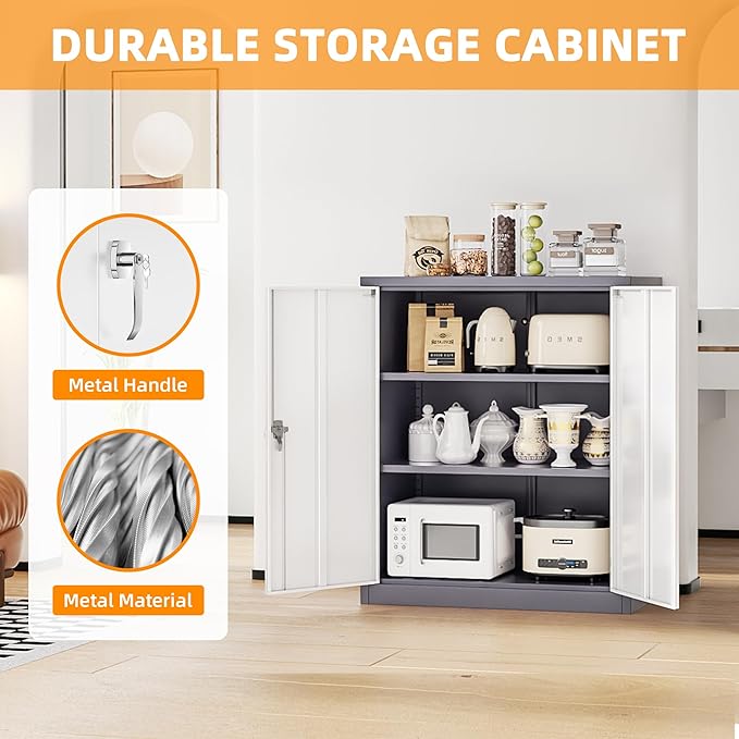 INTERGREAT Metal Cabinet with Lock, Lockable Metal Storage Cabinets with Doors and Shelves for Garage, Grey White Locking Garage Storage Cabinets 36"×32"×16"