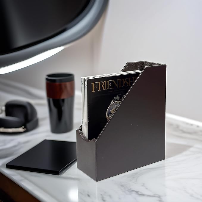 UnionBasic Magazine File Holder - Office Leatherette Desktop Document File Folder Journals Organizer Racks, Coffee