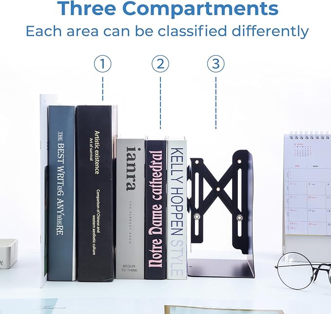 M&G Adjustable Bookends Book Ends for Shelves, Metal Bookend for Heavy Books, Desk Magazine File Organizer Holder Extends up to 20in, Book Stopper for Home, Office, Classroom (Black)