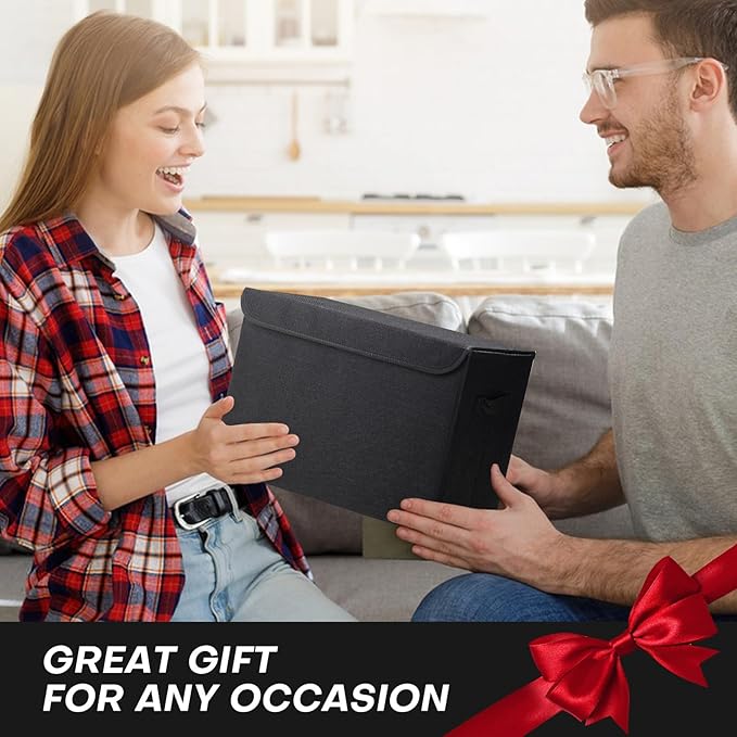 Large 22 Quart Linen Fabric Foldable Storage Bin Cube Organizer Basket with Flip-Top Lid & Handles, Clothes Blanket Box for Home, Office, Closet, Black, 4 Pack 14.6 x 9.5 x 9.5”