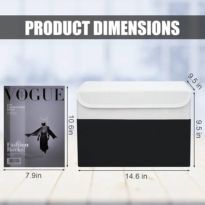 Large 22 Quart Linen Fabric Foldable Storage Bin Cube Organizer Basket with Flip-Top Lid & Handles, Clothes Blanket Box for Home, Office, Closet, Black & White, 4 Pack 14.6 x 9.5 x 9.5