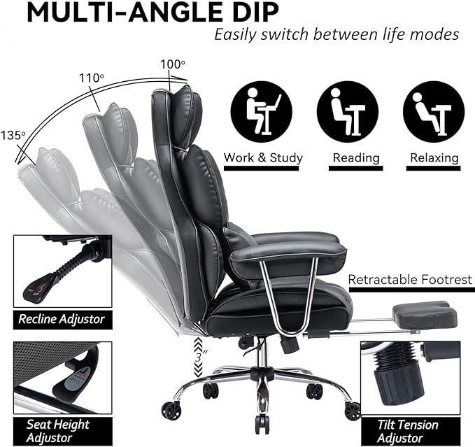 Efomao Desk Office Chair 400LBS, Big and Tall Office Chair, PU Leather Computer Chair, Executive Office Chair with Leg Rest and Lumbar Support, Black Office Chair