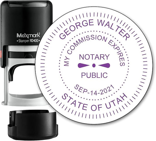 Round Notary Stamp for State of Utah- Self Inking Stamp - Top Brand Unit with Bottom Locking Cover for Longer Lasting Stamp - 5 Year Warranty