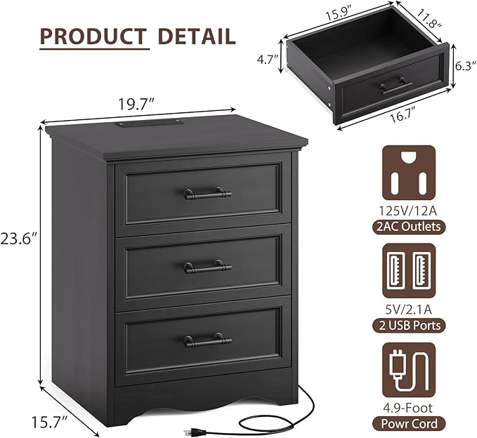 Black Nightstand with Charging Station, 19.7" Farmhouse End Table with 3 Drawers Storage, Bedside Table with Brushed Metal Handles, Unique Base Design, 3 Drawer Dresser for Bedroom, Living Room