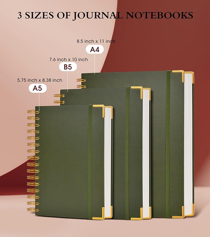 Spiral Notebook Journal 7.6” x 10”, 300 Pages Hardcover Leather Lined Journals for Women Men, B5 Large College Ruled Notebooks with 100 GSM Thick Paper, Spiral Journal for Writing Work, Olive Green