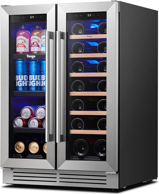 Yeego Wine & Beverage Refrigerator, 24 Inch 60 Cans and 20 Bottles Dual Zone Wine Cooler with Glass Door, 36-72°F Drink Cooler for Built-in or Freestanding, For Kitchen,Bar or Office