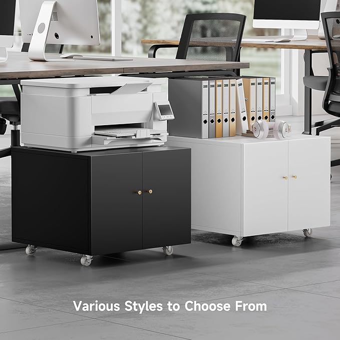 Warmiehomy Metal Printer Stand with Storage Mobile Printer Tables for Small Spaces with Door Adjustable Shelf Black File Cabinet on Wheels for Home Office