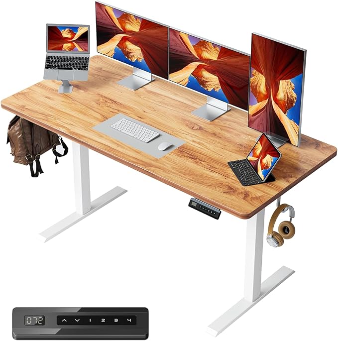 FEZIBO One-Piece Standing Desk Adjustable Height Stand up Home Office Desk, 55x24 Inch Electric Standing Computer Desk, with 4 Memory Presets, Fixable casters, Light Rustic