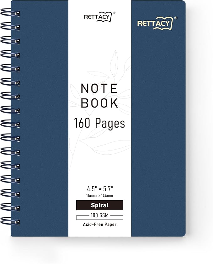 RETTACY Pocket Journal Notebook, 160 Lined Pages, A6 Mini Small Size (4.5" × 5.7"), for Work, Journaling, Writing, 100 GSM Thick Paper, Spiral-bound, Flexible Plastic Cover (Navy Blue)