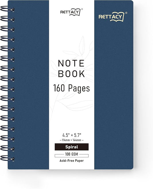 RETTACY Pocket Journal Notebook, 160 Lined Pages, A6 Mini Small Size (4.5" × 5.7"), for Work, Journaling, Writing, 100 GSM Thick Paper, Spiral-bound, Flexible Plastic Cover (Navy Blue)