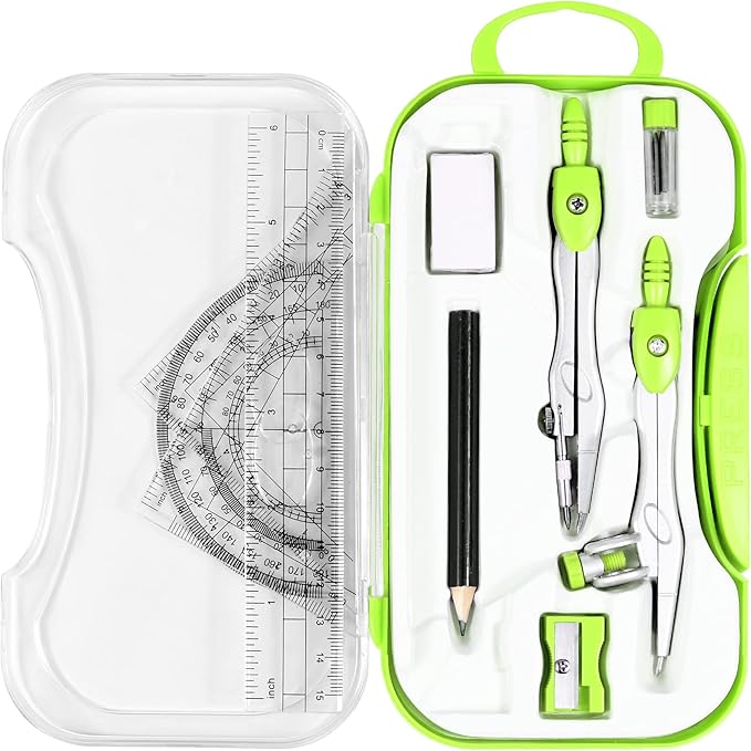 10 Pieces Math Geometry Kit Set Student Supplies with Shatterproof Storage Box,Includes Rulers,Protractor,Compass,Eraser,Pencil Sharpener,Lead Refills,Pencil,for School and Drawings（Green）