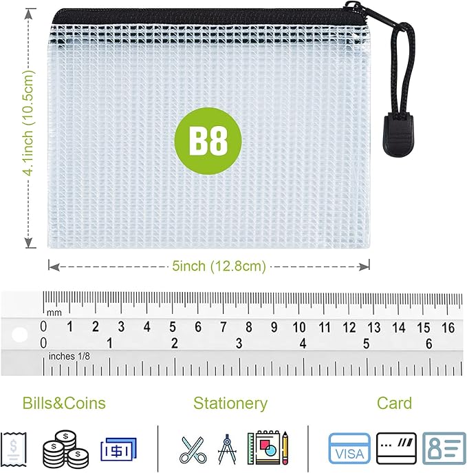 12 Pcs Plastic Mesh Zip File Bags, Waterproof Tear-Resistant Document File Folders, B8 Size Zipper Documents Pouch Document Organizer Bags for School Office Home Travel Storage(5×4.1 Inch)