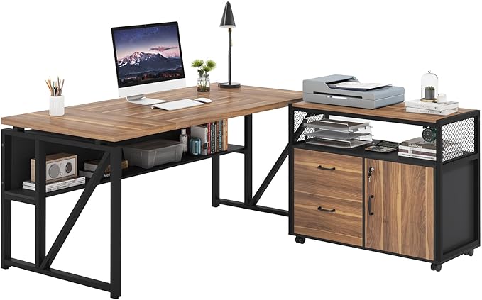 Tribesigns 63" L Shaped Desk with Drawer Cabinet, Executive Computer Desk and lateral File Cabinet, 2 Piece Home Office Furniture with Drawers for Hanging File, Doors with Locks (Brown, 63 inches)