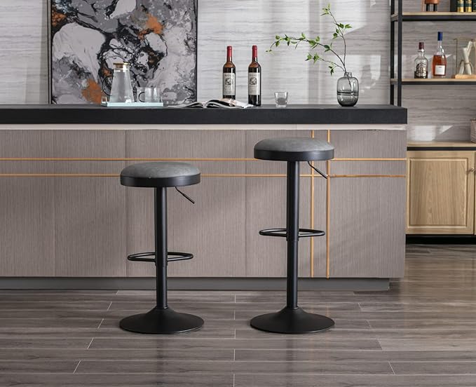 Round Swivel Counter Height Bar Stools Set of 2 Modern Adjustable Barstools Backless PU Leather Bar Chairs Industrial Island Chairs with Metal Base/Footrest for Kitchen Island/Pub/Cafe, Grey