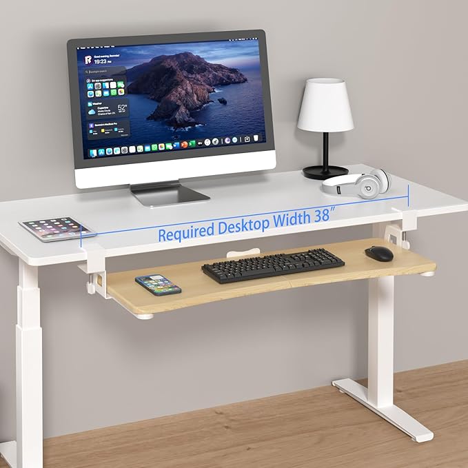 suptek Large Keyboard Tray Under Desk Pull Out with C Clamp Mount, Keyboard & Mouse Tray, 34 (38 Including Clamps) x 11.8 inch Slide-Out Platform Computer Drawer for Typing, Light Wood, DSF1LQM