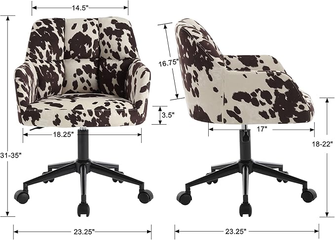 VESCASA Adjustable Home Office Desk Chair with Comfy Back, Linen 360 Swivel Upholstered Task Armchair with Wheels for Teens Bedroom/Living Room, Cowhide Print