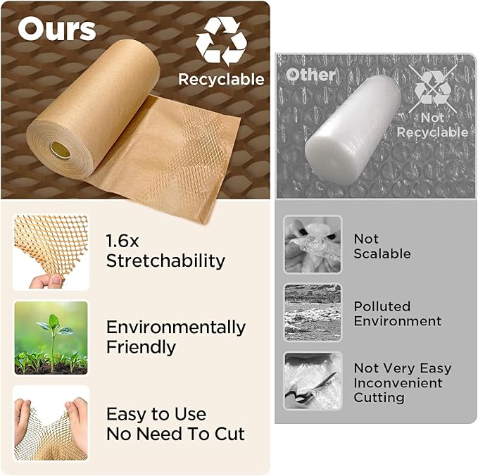 Honeycomb Packing Paper, 12"x300' Brown | Perforated Honeycomb Packing Paper Recyclable Moving Supplies for Shipping & Moving | Plastic-Free Alternative to Bubble Cushion Wrap with 36 Fragile Stickers