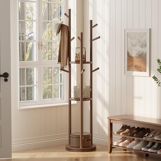 Solid Wood Rotary Coat Rack, Freestanding Coat Rack with 3 Shelves and 9 Hooks, Coat tree for Bedroom, Entryway, Livingroom, Coat Hanger Stand for Coats, Scarves, Handbags (Walnut)