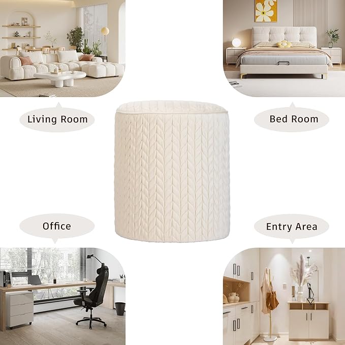 Modern Round Ottoman, Braided-Tufted Foot Stool Ottoman, Velvet Upholstered Vanity Stool for Makeup, Bedroom, Living Room, White