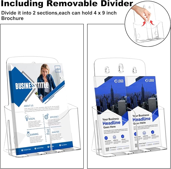 2 Pack Acrylic Brochure Holder 8.5 x 11 in with Business Card Holder, 1-Tier Brochure Display Stand with Removable Divider for 4 x 9 Inches Trifold Pamphlets, Clear Flyer Holde
