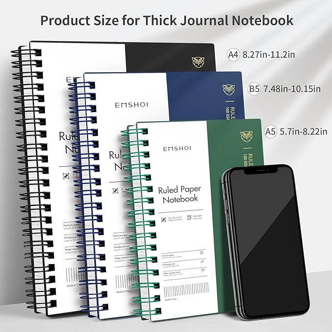 EMSHOI A4 Spiral Notebook Lined Journal, 11.2" X 8.27", 300 Pages/150 Sheets, 100gsm Thick Paper, Waterproof Softcover, Twin-Wire Binding, for School Work Writing Note Taking-Black