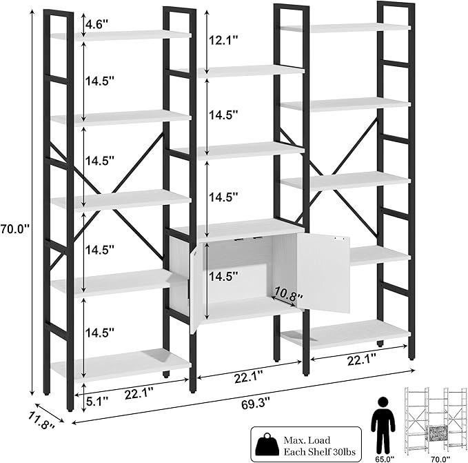 Yusong Bookshelf Triple Wide 5 Tier Bookcases with Storage Cabinet, Industrial Large Modern Tall Bookshelves with 12 Open Display Shelves for Living Room Office Bedroom, White and Black