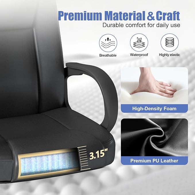 ZZH Executive Office Chair, Leather Desk Computer Chair with Armrests, Mid-Back Swivel Adjustable for Home Office, 8PC, Black