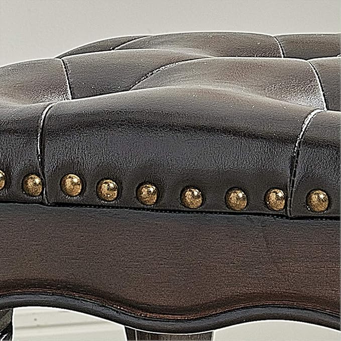 LEILISI Small Footstool Brown Leather Ottoman,Vintage Carved Upholstered Footrest, Rubber Wooden Foot Rest Stool Sofa Stool (Black-Brown)