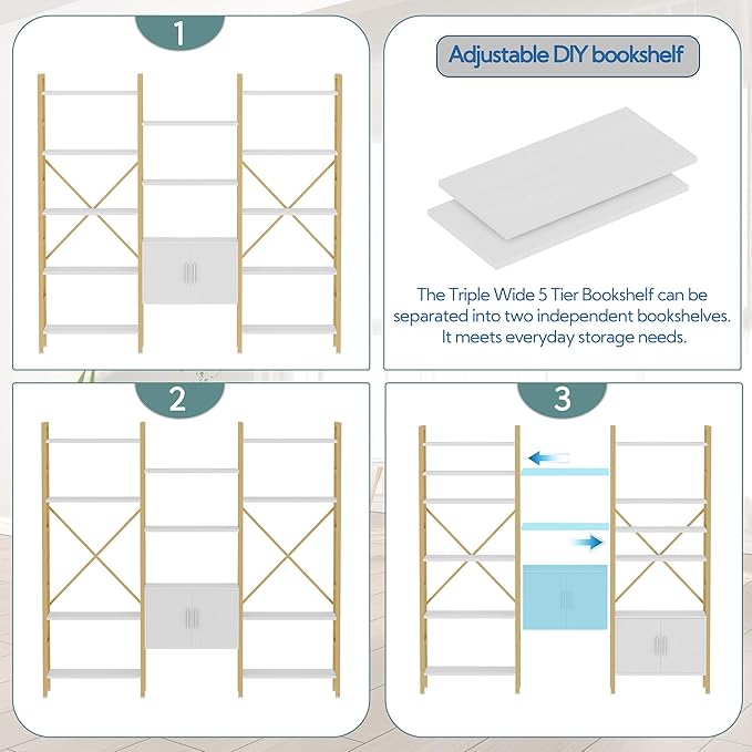 Yusong Bookshelf Triple Wide 5 Tier Bookcases with Storage Cabinet, Industrial Large Modern Tall Bookshelves with 12 Open Display Shelves for Living Room Office Bedroom, White and Gold