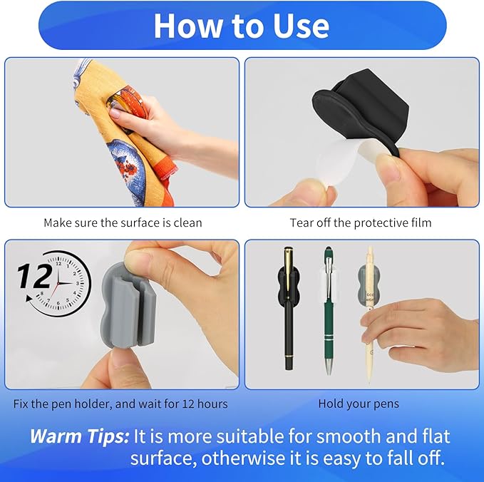 12PCS Pen Holder for Desk, Upgraded Adhesive Pen Pencil Holder for Desk Wall Clipboard Car Silicone Pens Markers Pencils Organizer Teacher Supplies Office Supplies (12PCS Multicolor)