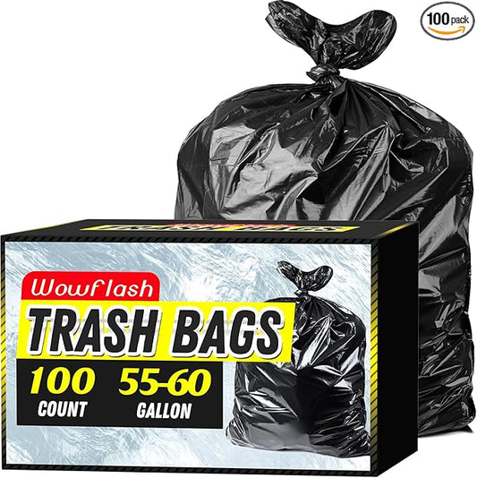 100 Count 55-60 Gallon Trash Bags, Sturdy & Tear-Resistant Commercial Can Liners 55 Gallon, Large Garbage Bags, Large Black Trash Bags for Commercial, Lawn and Leaf Bags